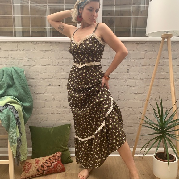🇬🇧 Vintage Peasant Maxi Dress Bohemian Floral XS gypsy queen 60s 70s Brown - Picture 7 of 10